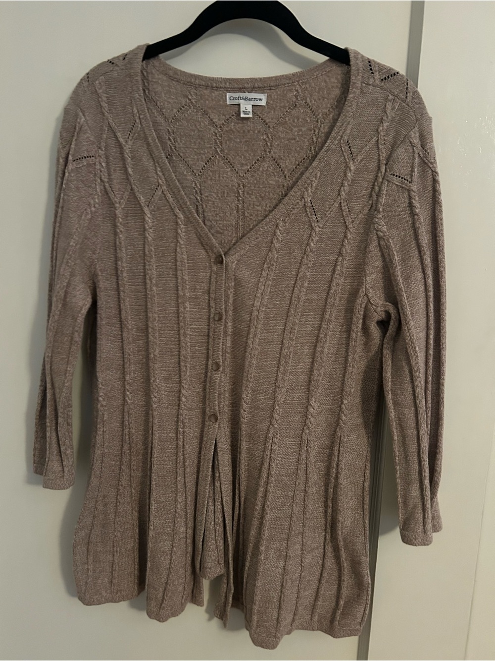 Womens Large Cardigan Sweater brown  Button up V Neck 3/4 Sleeve Croft & Barrow
